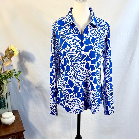 IBKUL Bianca Royal Blue Print Long Sleeve Quarter Zip  Golf Shirt Sz Large🧡 - Picture 11 of 11